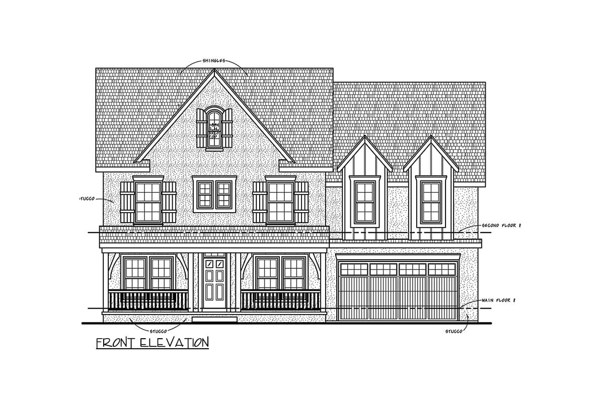 Front elevation house plan with stucco siding, covered porch, multiple gables, dormers, and a two-car garage.
