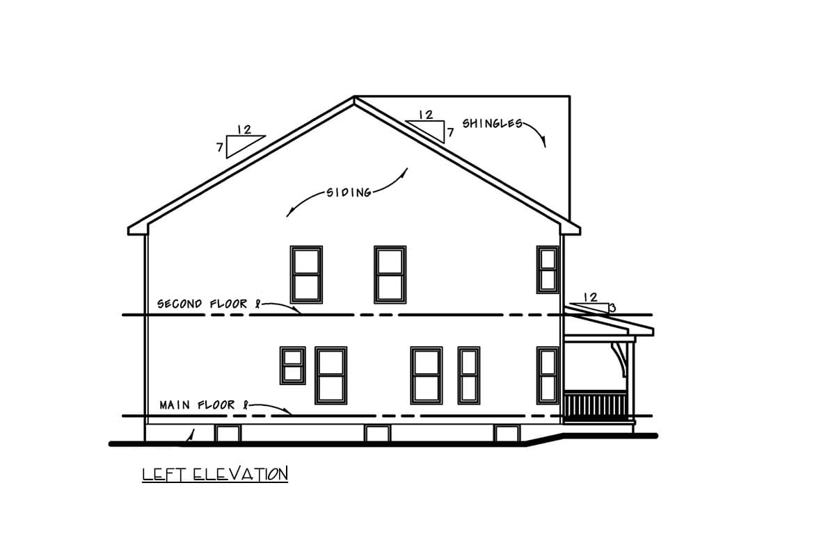 Left elevation house plan drawing showing two stories, siding, shingles, and a covered porch.
