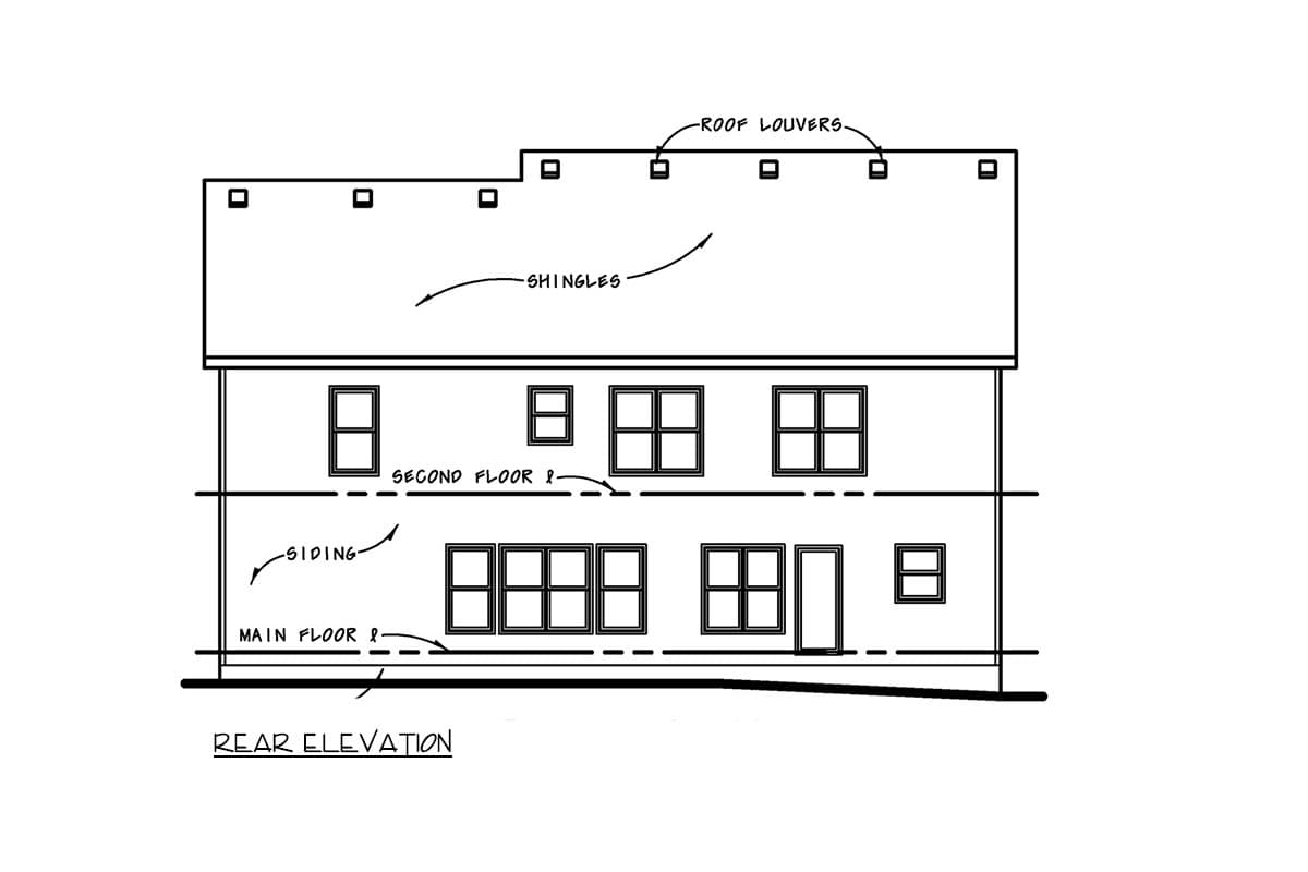 Rear elevation drawing of a two-story house with siding, shingles, and roof louvers.