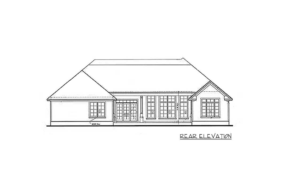 Rear elevation drawing of a one-story house with multiple windows and a centered door with a covered porch.
