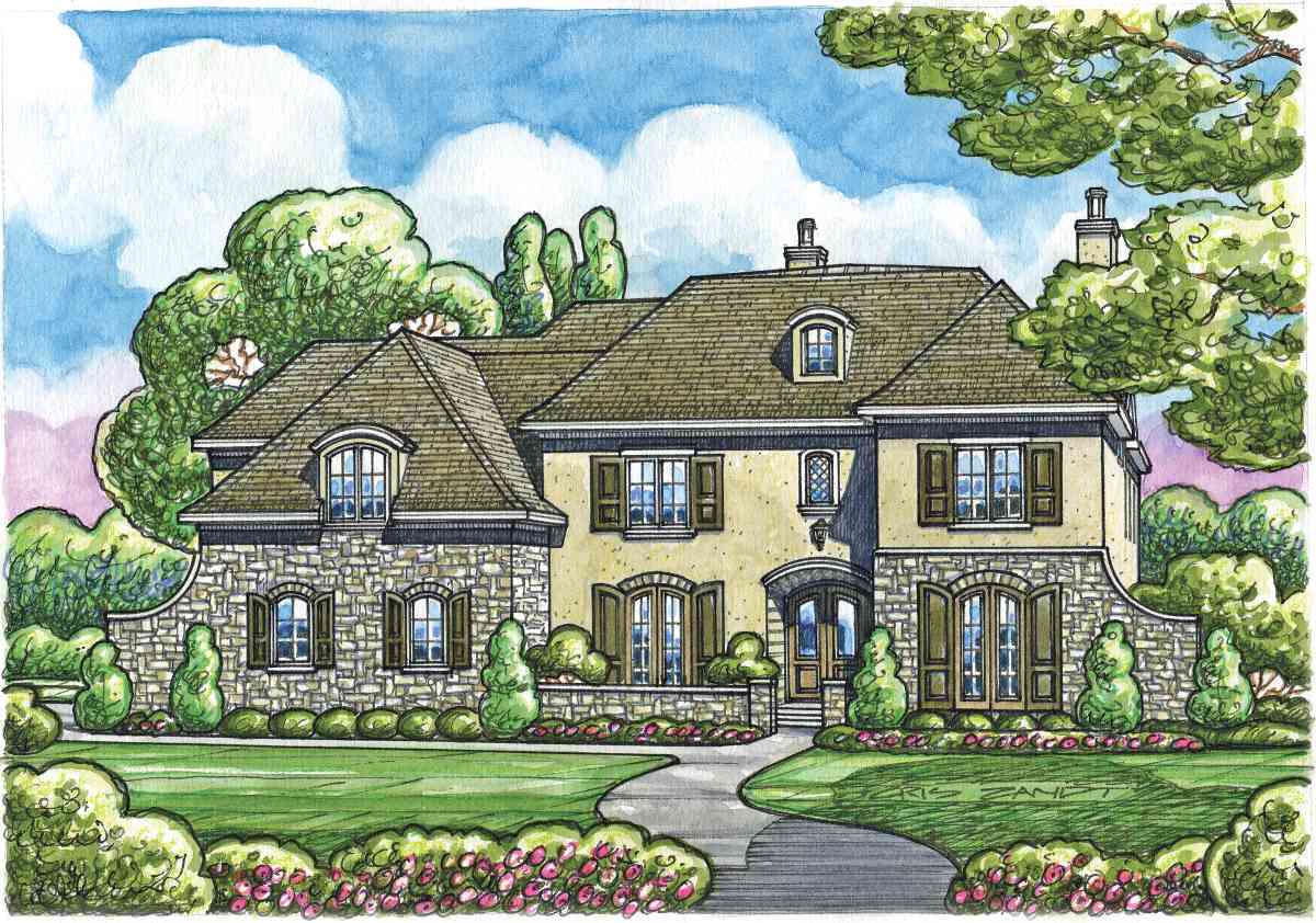 House plan exterior rendering: Two-story home with stone accents, prominent gables, dormer windows, and a covered entry.