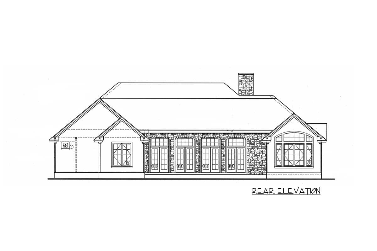 Rear elevation drawing of a one-story house plan with a central stone-clad section featuring multiple French doors and windows.