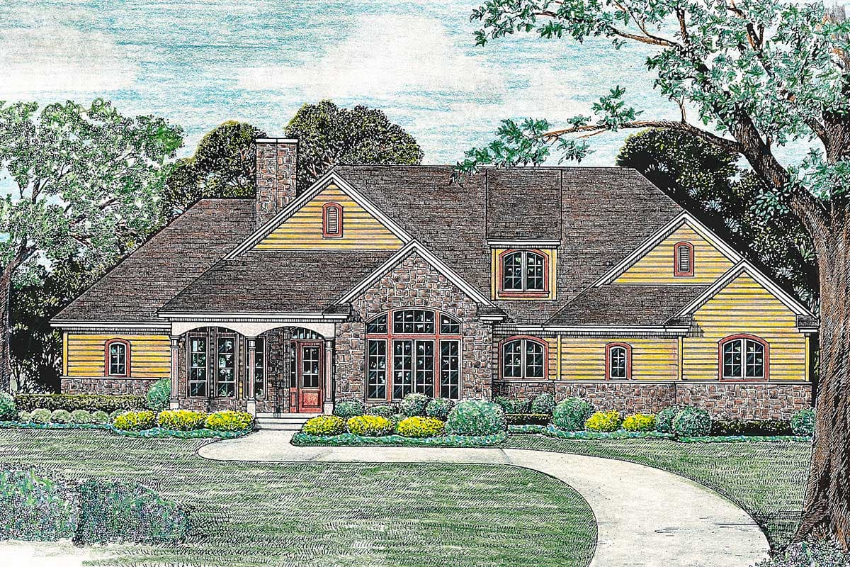 House plan exterior of a one-story home with stone and clapboard siding, prominent gables, arched windows, and covered entry.