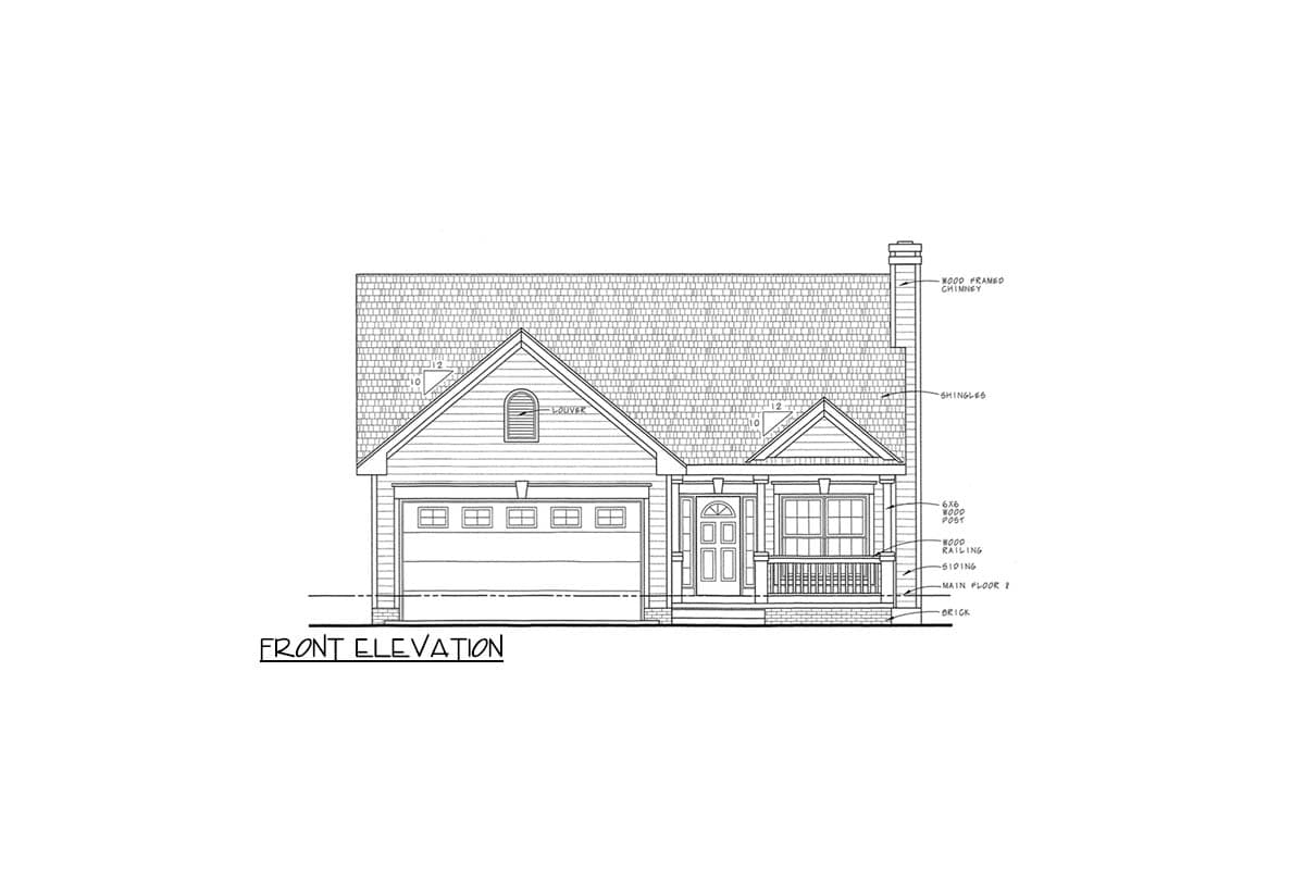 House plan exterior elevation showing wood framed chimney, roof louvers, shingles, siding, and main floor windows.