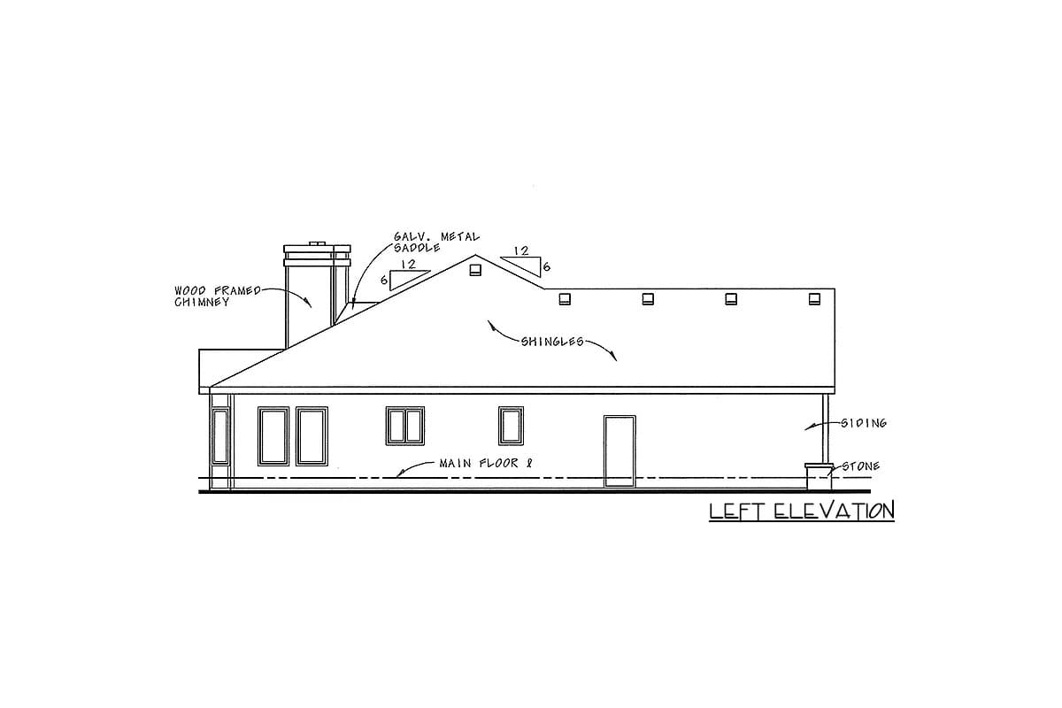 Left elevation drawing of a house plan featuring a wood-framed chimney, shingled roof, and siding with stone foundation.