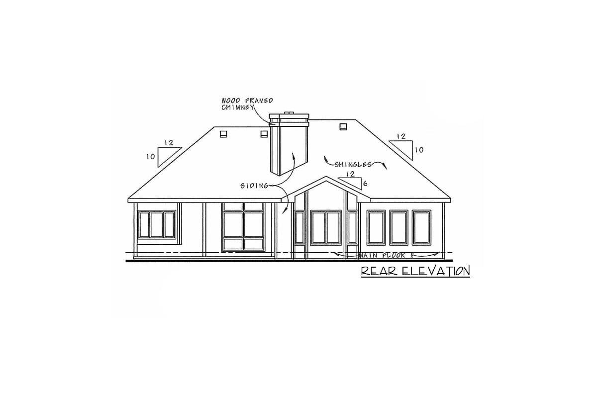 Rear elevation drawing of a house plan, showing a wood-framed chimney, siding, and multiple windows on the main floor.