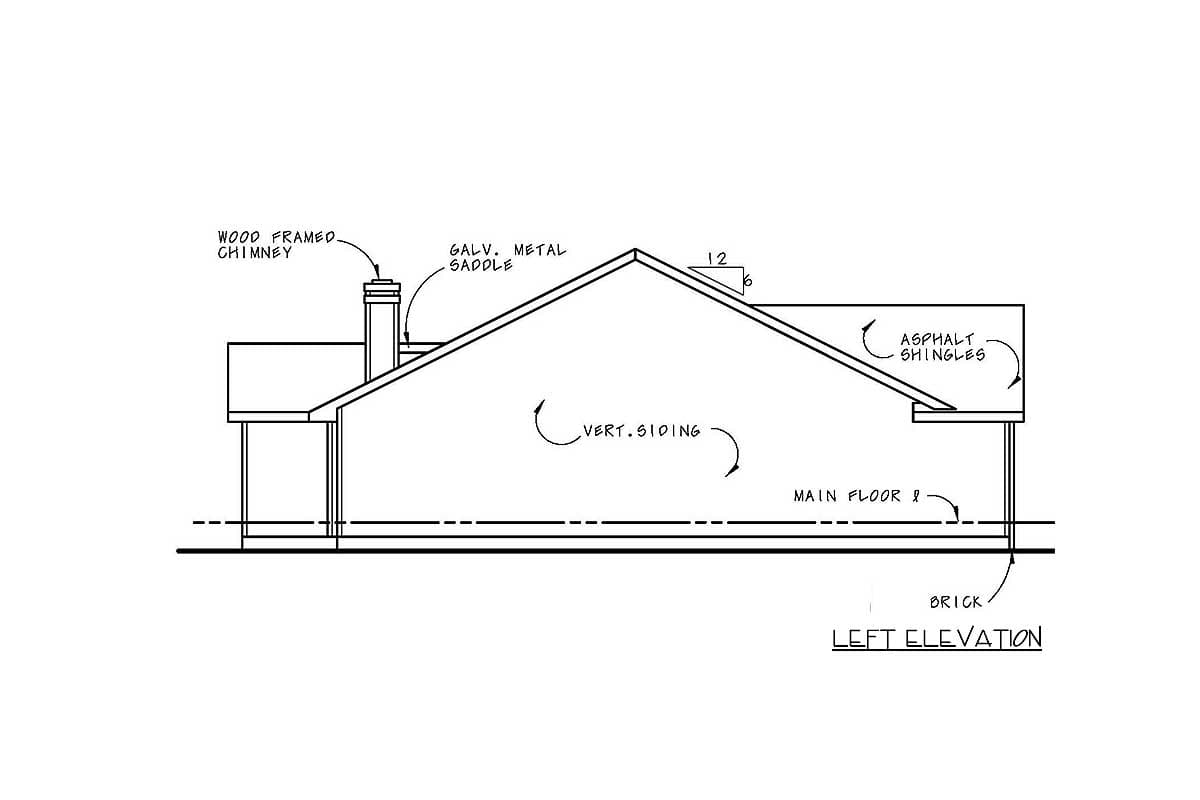 Left elevation of house plan showing wood-framed chimney, asphalt shingles, vertical siding, and brick foundation.