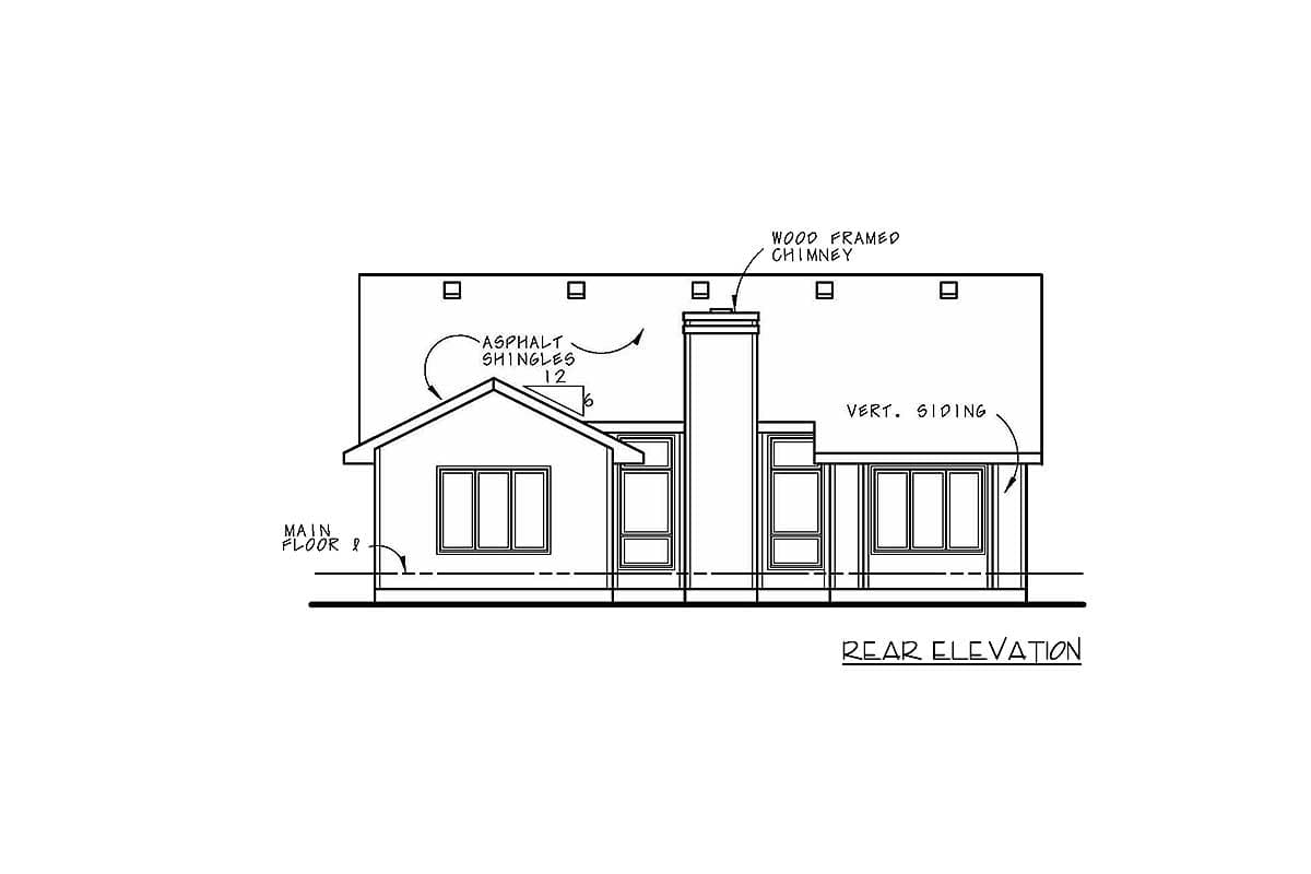 Rear elevation house plan drawing showing asphalt shingles, wood-framed chimney, and vertical siding.