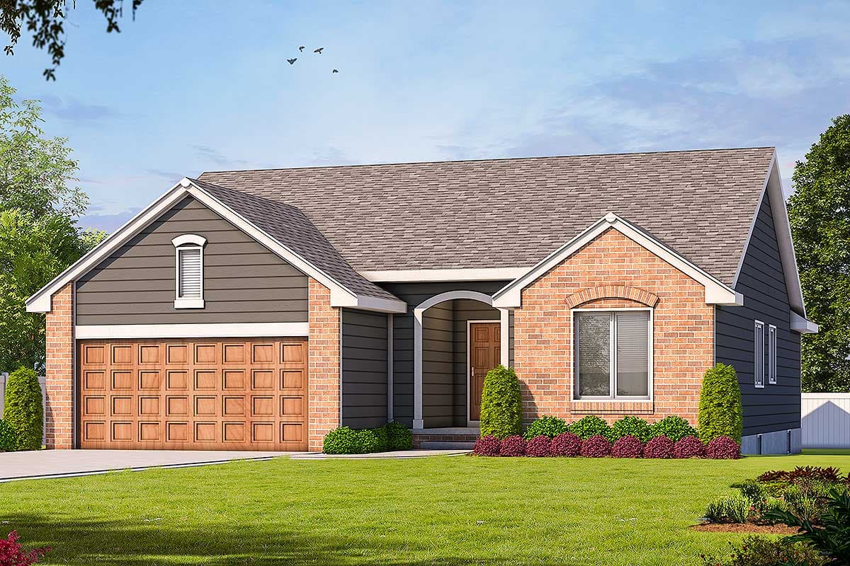 House plan exterior. Ranch style with a brick facade, arched entry, and a two-car garage. Features include gabled roof and decorative window.