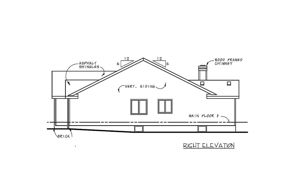Right elevation house plan drawing showing asphalt shingles, vertical siding, brick base, wood-framed chimney, and two windows.