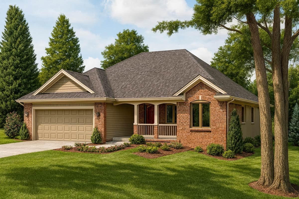 House plan exterior. Single-story Ranch home with brick facade, gable roof, and covered porch with columns. Attached garage.