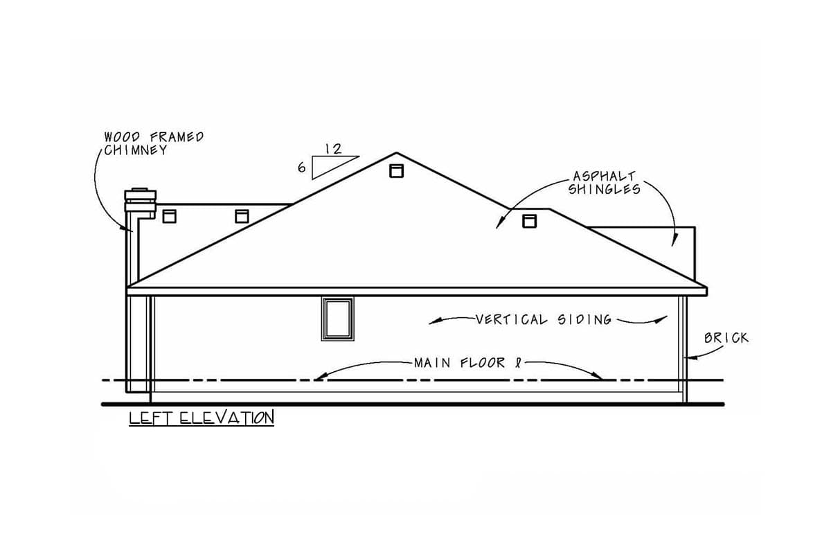 Left elevation drawing of a house with wood framed chimney, asphalt shingles, vertical siding, and brick.