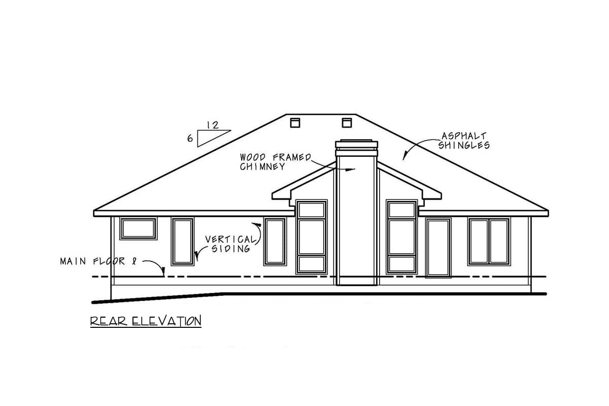 Rear elevation drawing of a house plan featuring vertical siding, a wood-framed chimney, and asphalt shingles.