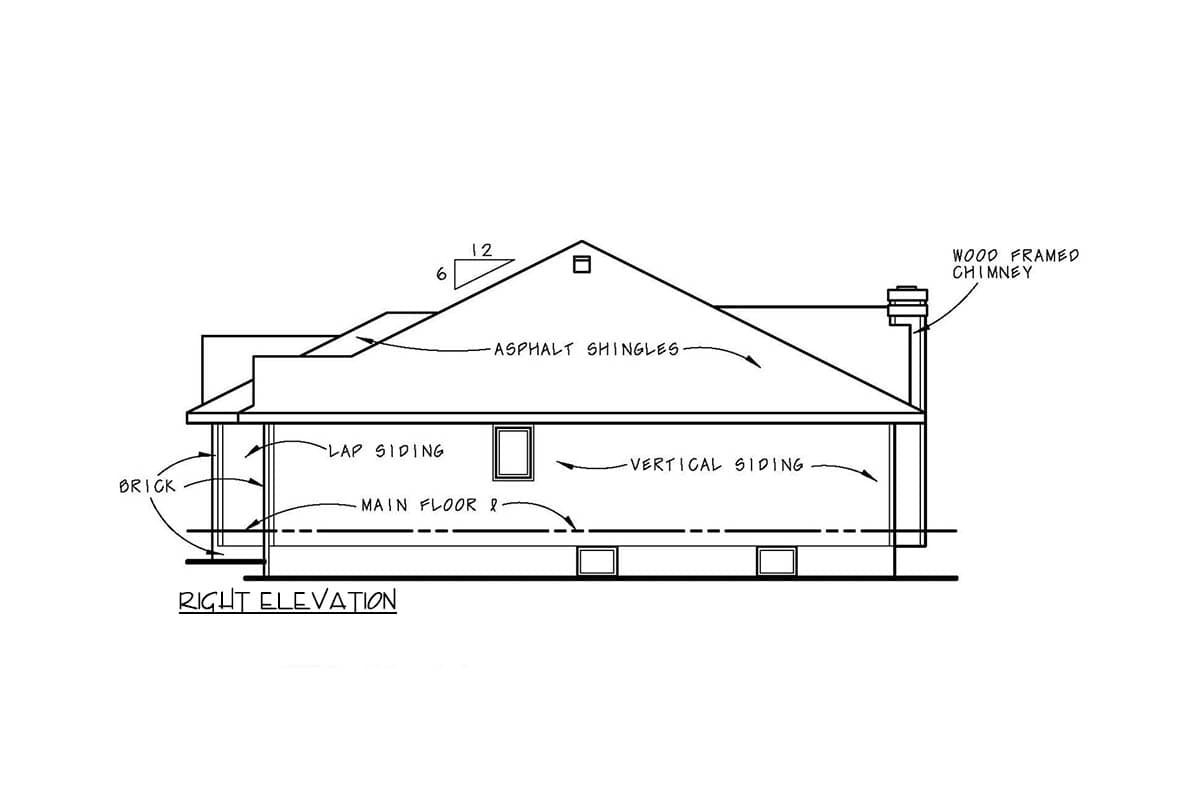 Right elevation of a house plan showing brick and lap siding, asphalt shingles, and a chimney.
