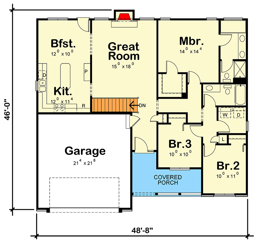 Plan 41020DB: 3-Bedroom Traditional Ranch House Plan with Brick Exterior - Floor Plan - Main Level - Ranch, Traditional