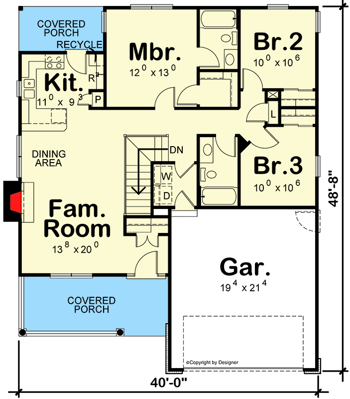 Plan 41024DB: Three-Bed Cottage with Optional Kitchen Layout - 1195 Sq Ft - Floor Plan - Main Level - Cottage, Traditional