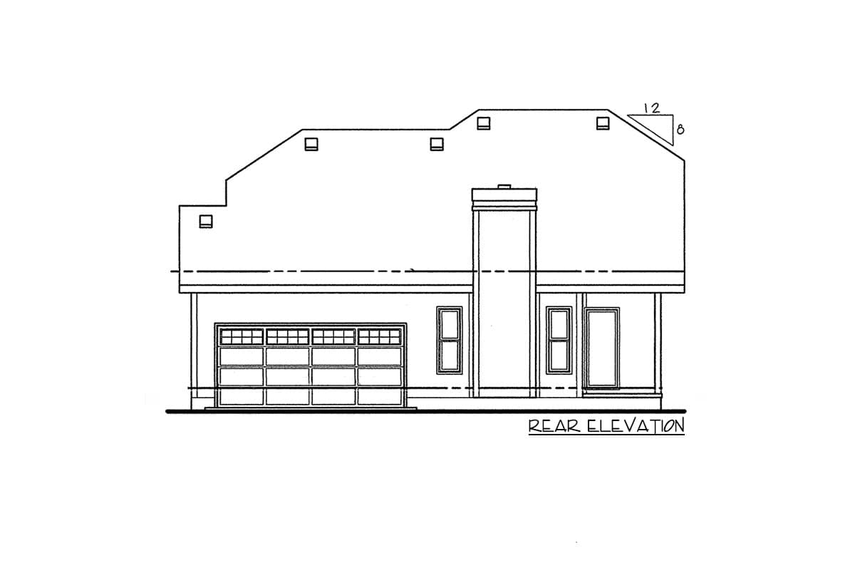 Rear elevation drawing of house plan showing garage, windows, chimney, and varied roofline.