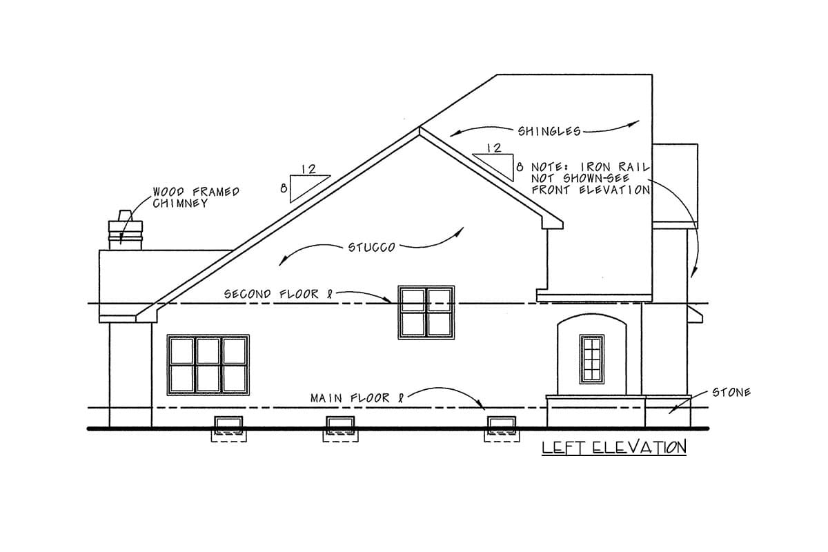 Left elevation drawing of a house plan with stucco walls, stone base, wood chimney, and shingled roof.