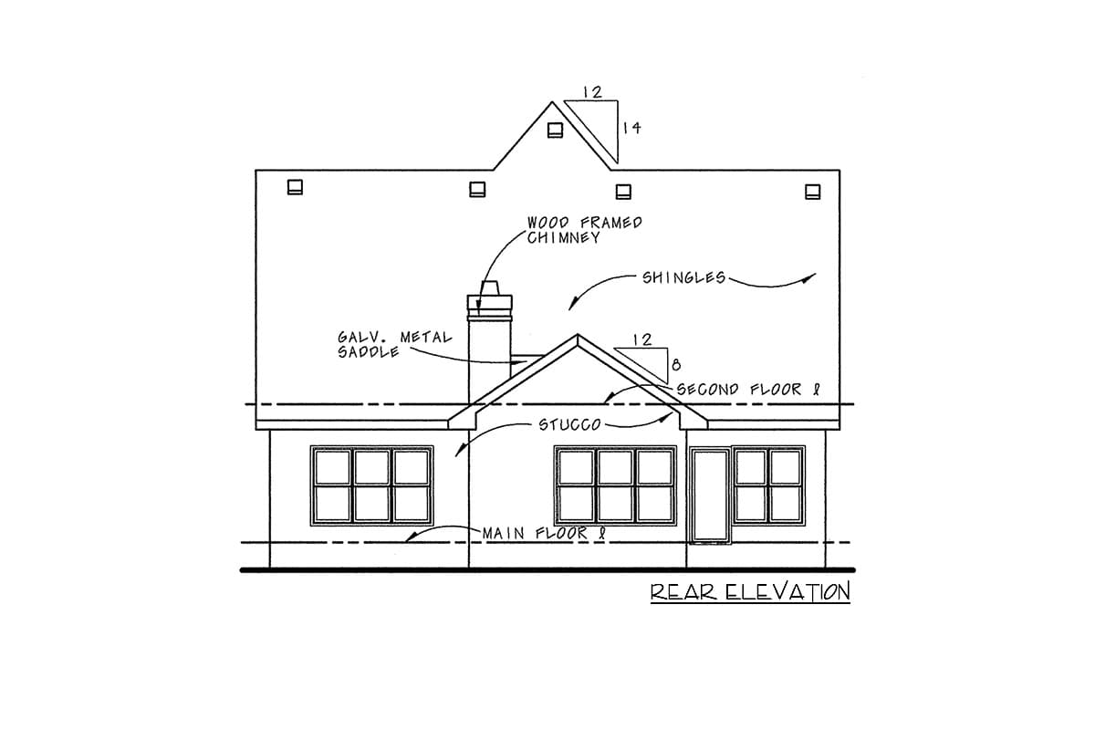 Rear elevation drawing of a house with stucco exterior, wood-framed chimney, and gabled roof with shingles.