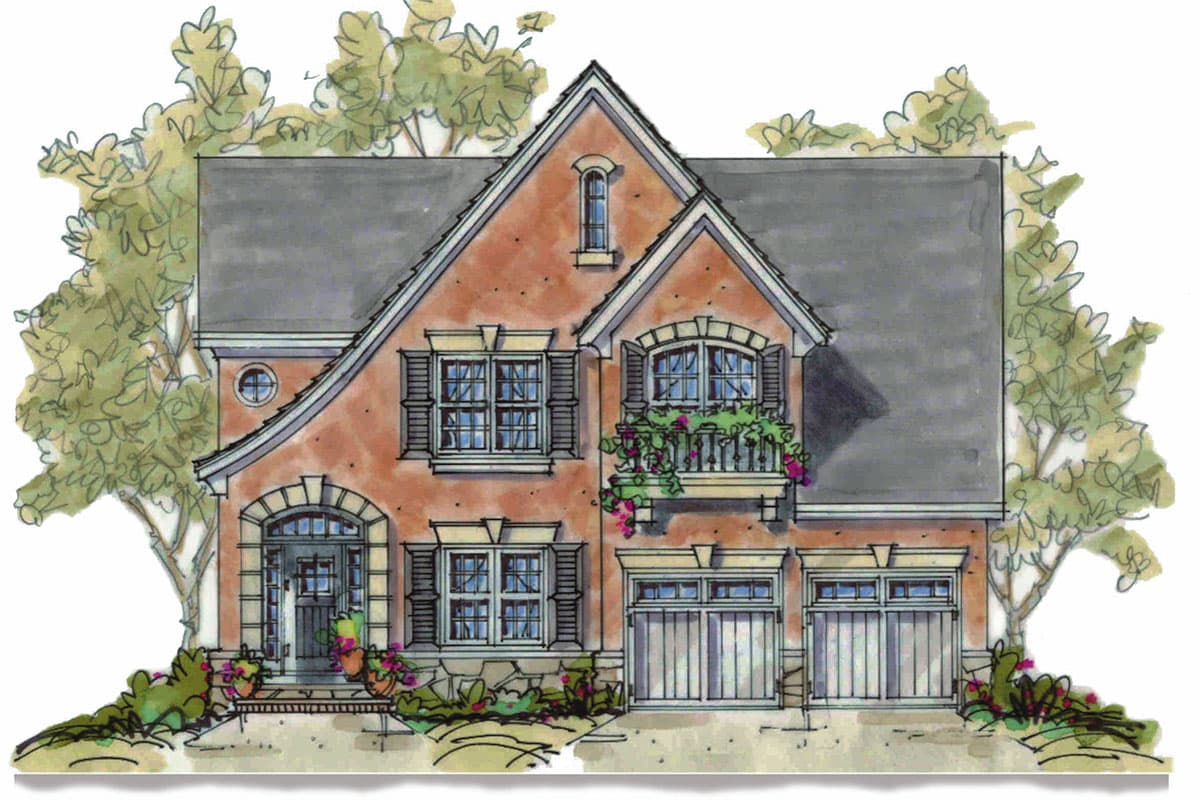 House plan exterior drawing featuring arched entry, balcony, dormer window, and two-car garage with stacked windows.