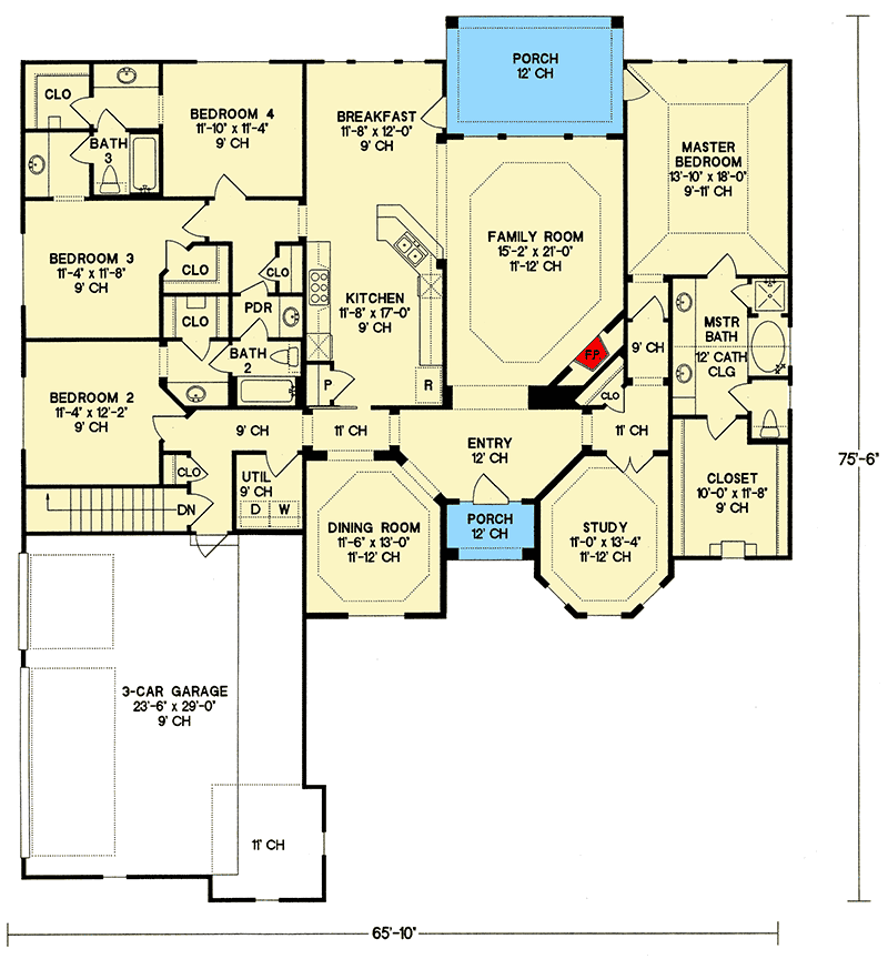 Plan 41034DB: Brick and Stone European-style Home Plan with Turreted Roof - Floor Plan - Main Level - European, Ranch, Traditional