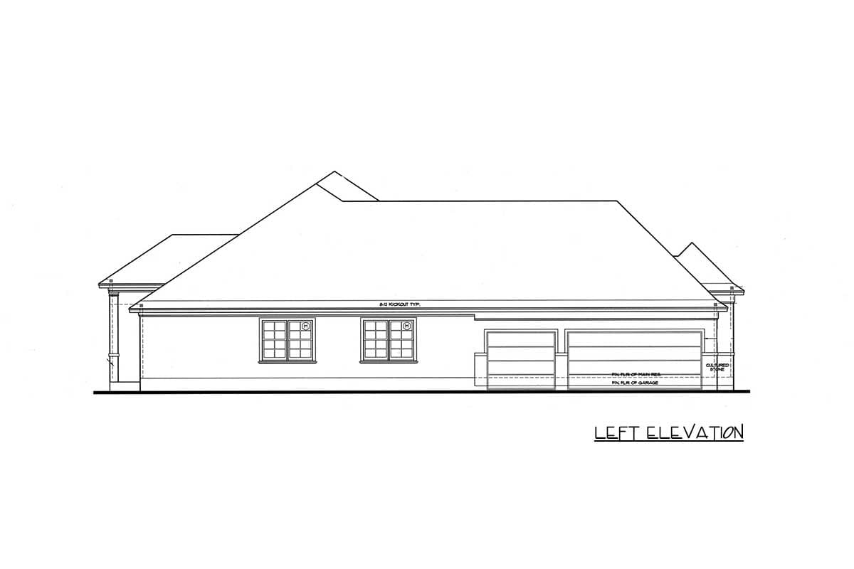 Left elevation house plan drawing showing a complex roofline, two windows, and a three-car garage.