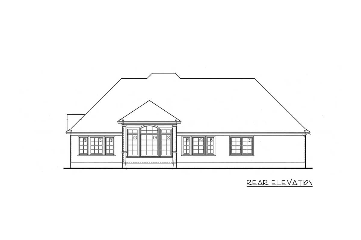 Rear elevation drawing of a house plan, showing multiple windows and a prominent central bay.