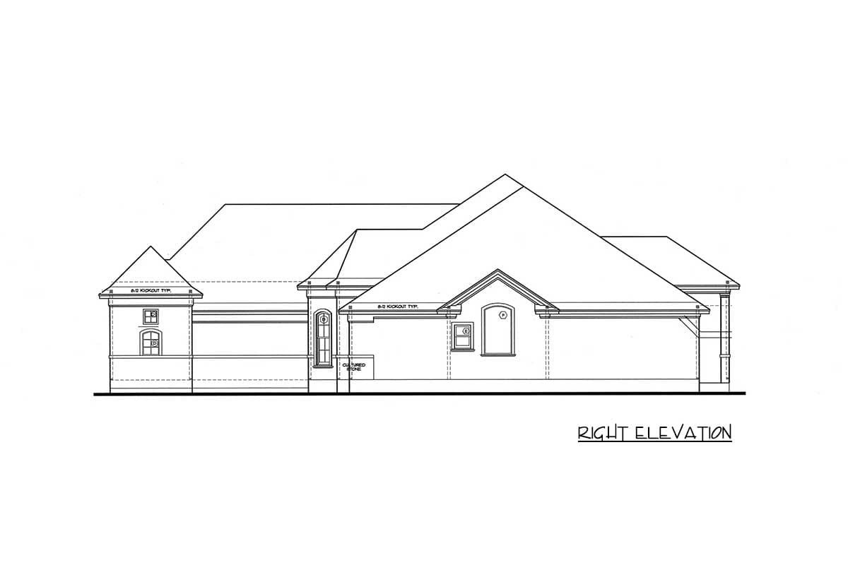 Right elevation drawing of a house plan featuring multiple gables, dormers, and cultured stone accents.