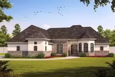 Brick and Stone European-style Home Plan with Turreted Roof