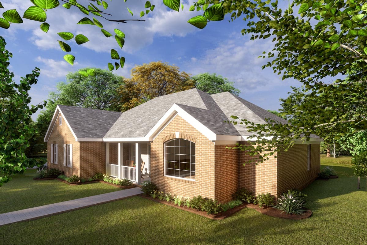 House plan exterior, brick ranch with a covered front porch, gables, and an arched window.