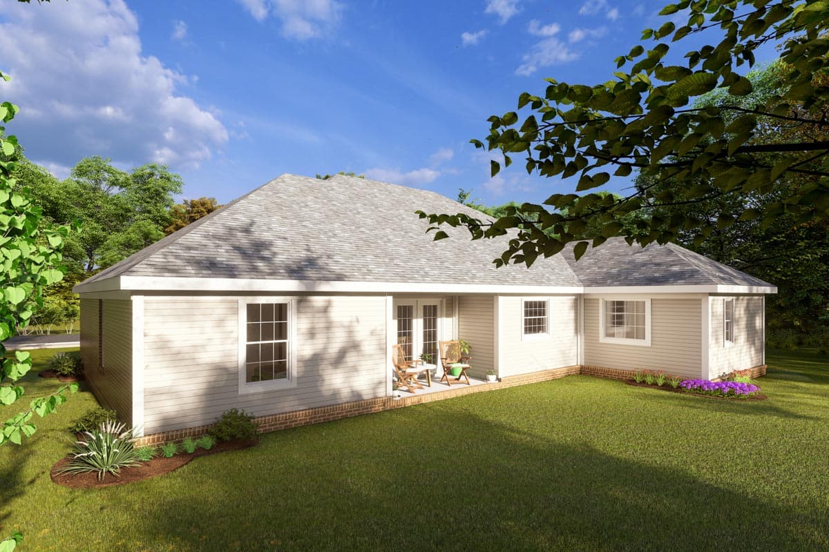 House plan exterior view of a single-story home with vinyl siding, a gable roof, and double doors leading to a small patio.