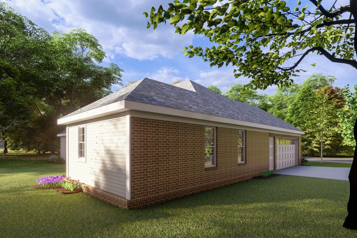 House plan exterior, one-story Ranch style with brick and vinyl siding, hip roof, and attached garage.