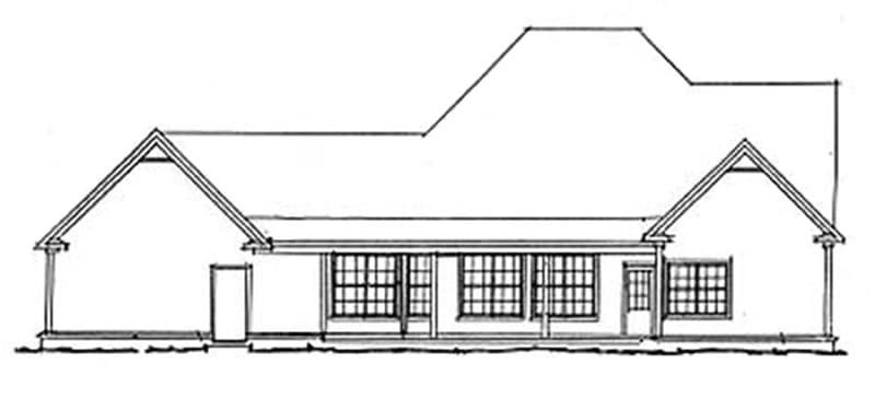 House plan exterior elevation: single-story with prominent gables, hip roofline, and a covered porch along the facade.