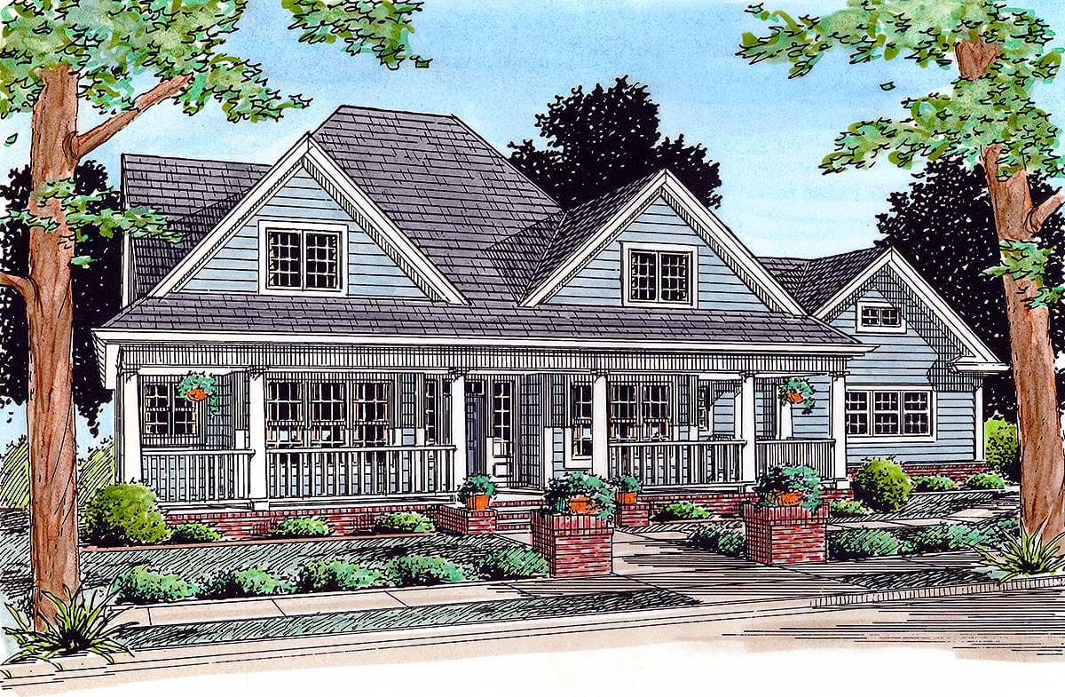 House plan exterior. Blue clapboard siding, gabled dormers, and a wraparound porch with decorative railing and columns.