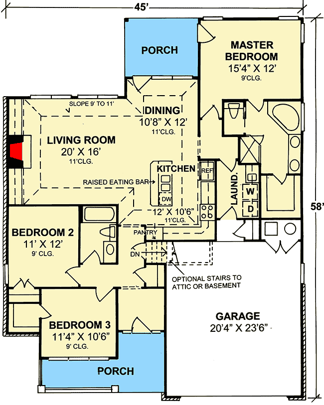 Plan 41054WM: Small and Livable 3-Bed Hip-Roofed House Plan - 1544 Sq Ft - Floor Plan - Main Level - Traditional
