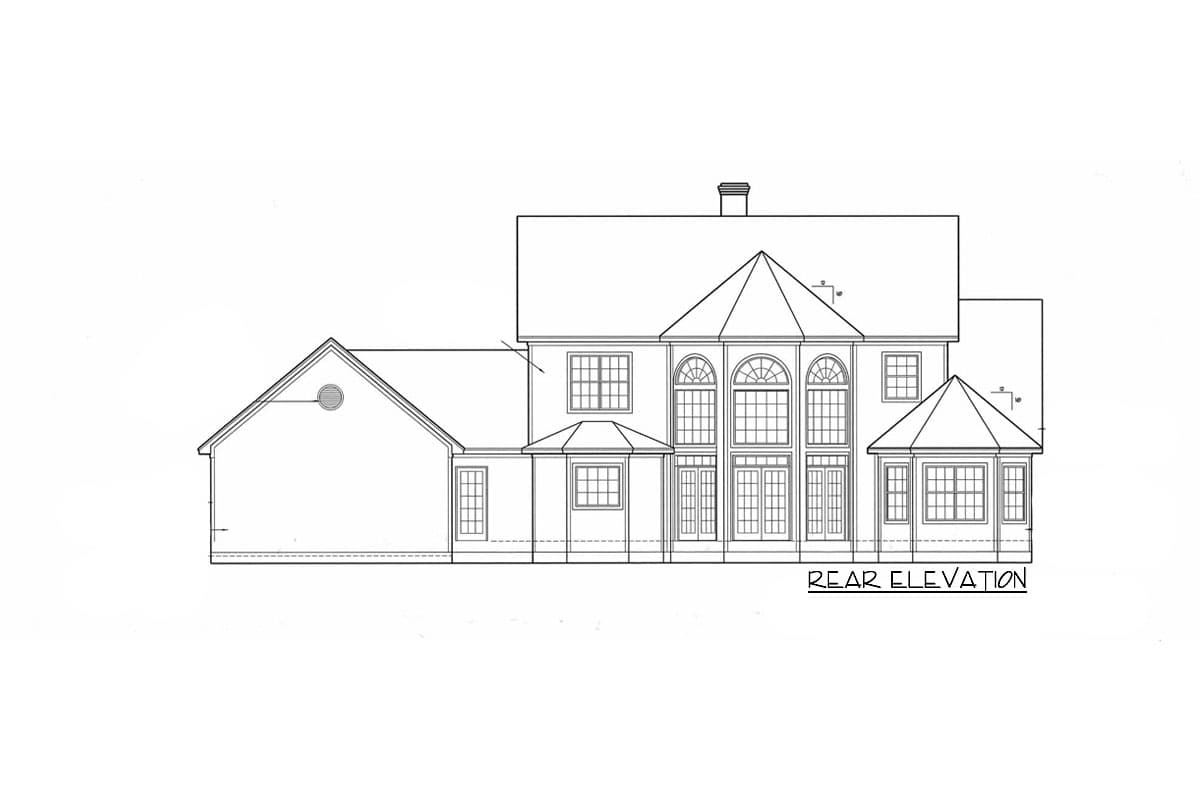 Rear elevation house plan with a prominent central bay of arched windows, french doors, and flanking bay windows.