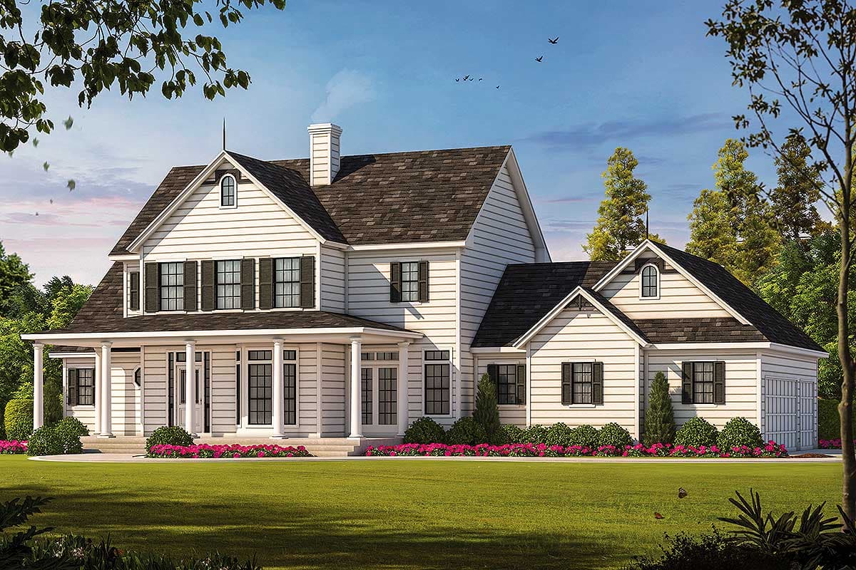 Modern Farmhouse house plan exterior, two stories, wraparound porch, gables, dormers, and attached garage.