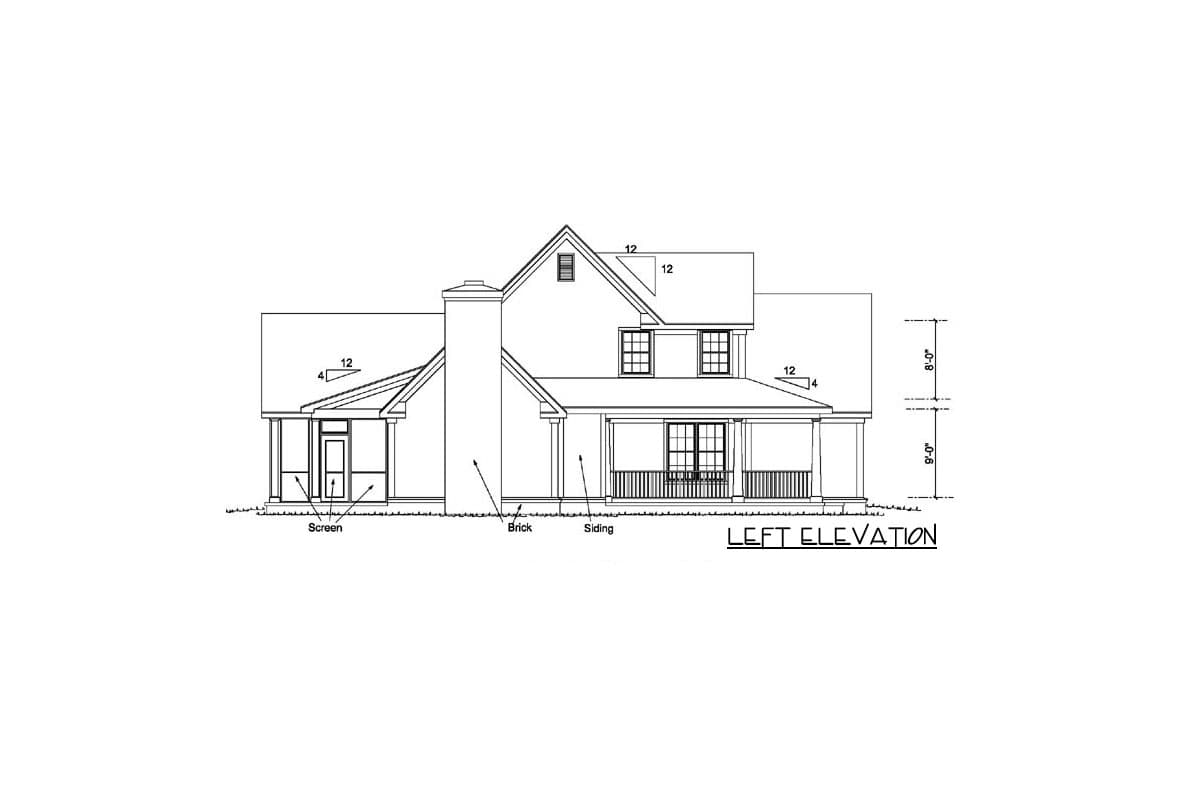 Left elevation house plan with gabled roof, chimney, screened porch, and covered porch.