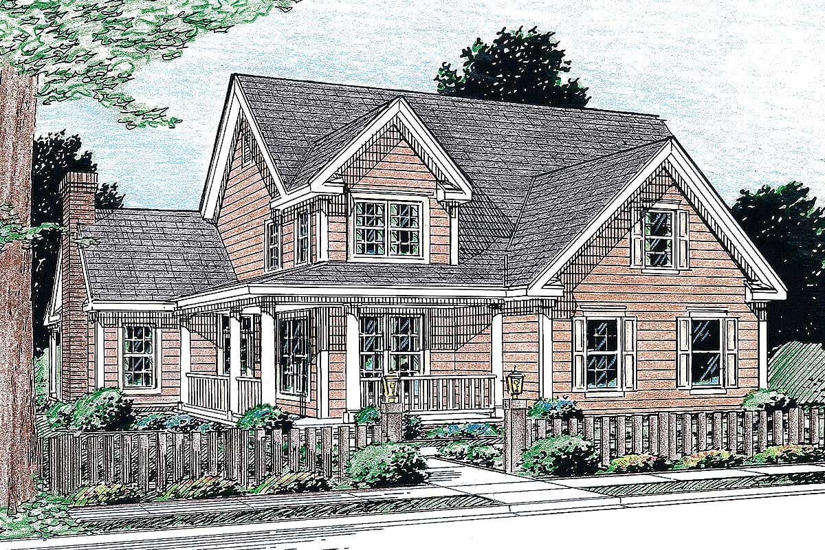 House plan exterior: Two-story home with wrap-around porch, dormer window, gables, and stone chimney.