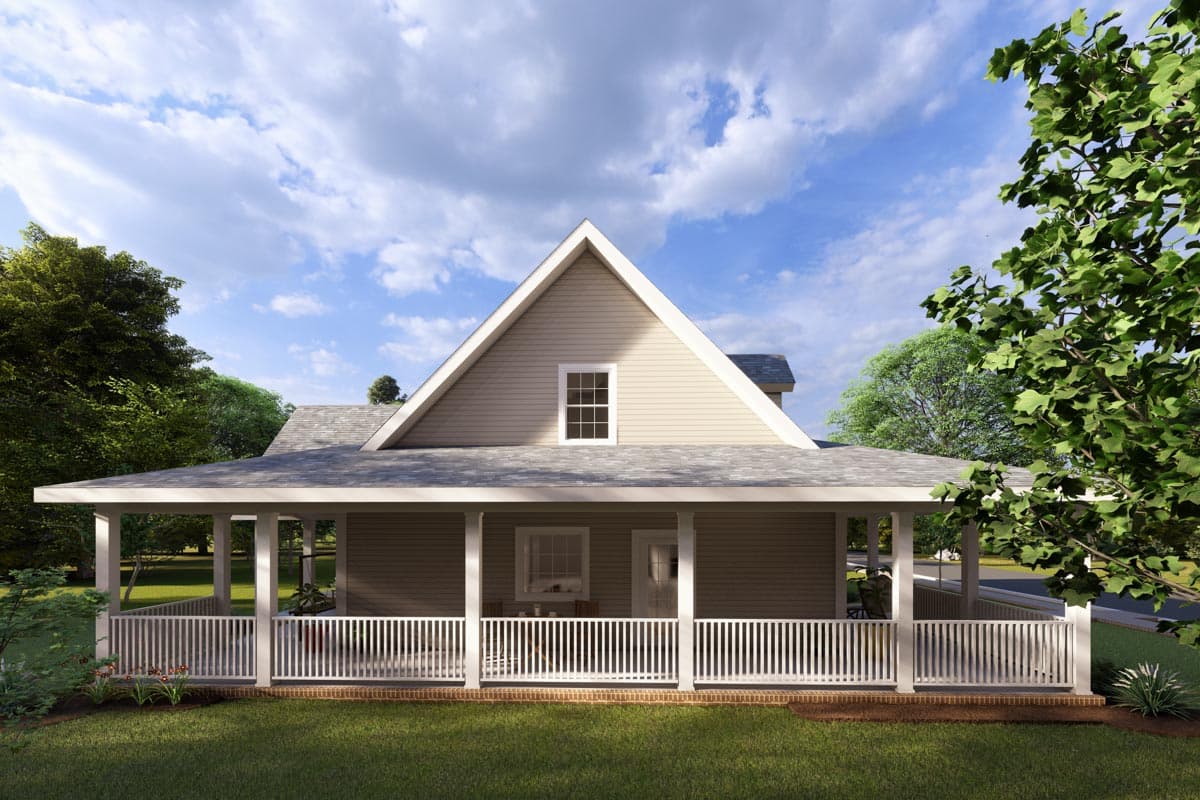 House plan exterior: Modern Farmhouse style, one-story with a full wrap-around porch, gable dormer and sided exterior.