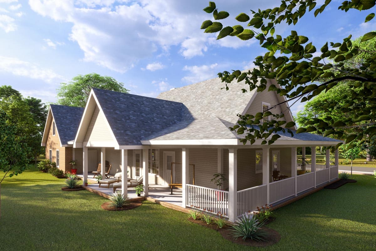 House plan exterior: Single-story Modern Farmhouse with wraparound porch, gabled dormers, and siding.