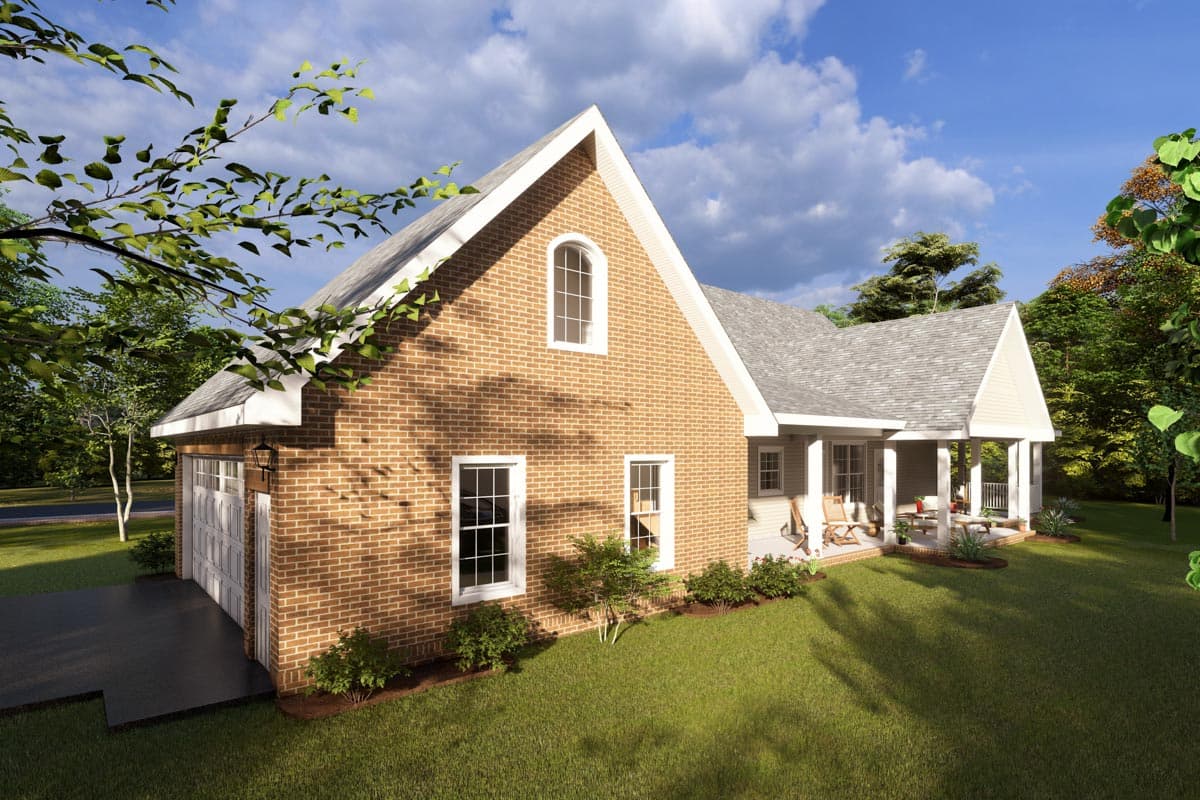 House plan exterior: Two-story brick home with a front-facing garage, arched gable dormer, and covered porch with columns.