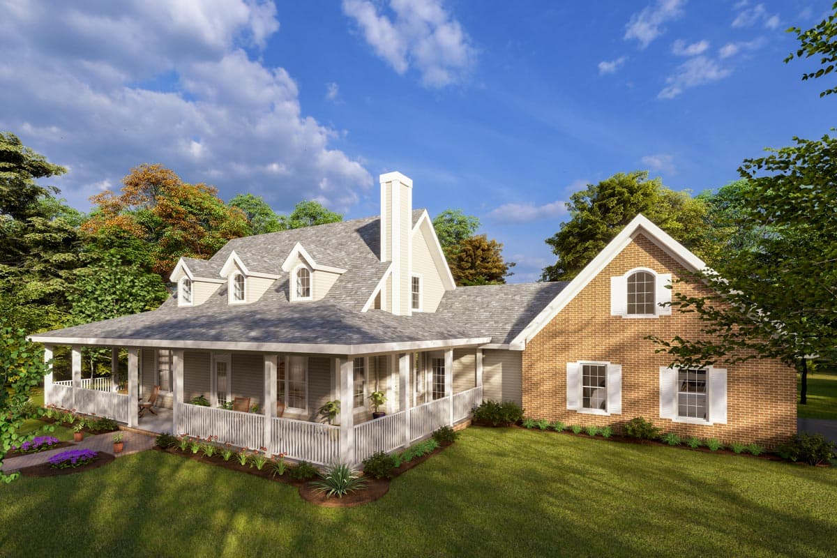 House plan exterior with wraparound porch, dormers, and brick facade.