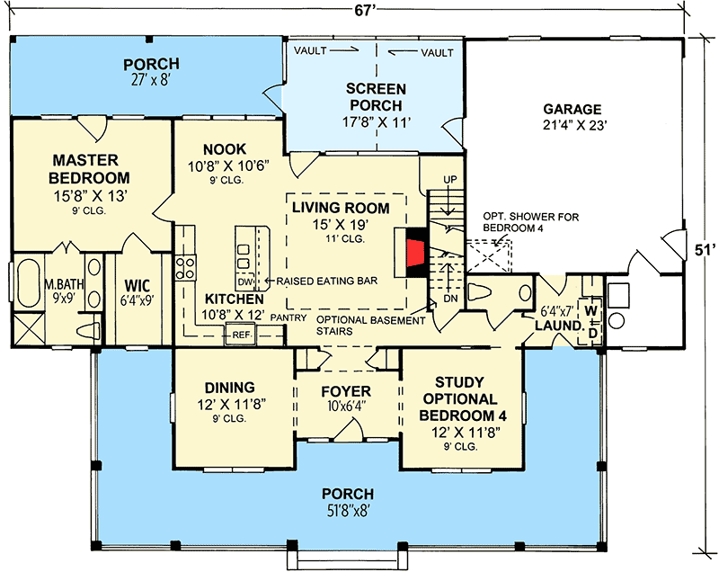 Plan 4138WM: Farmhouse Plan with Three Porches and a Flex Room - 1980 Sq Ft - Floor Plan - Main Level - Country, Farmhouse, Modern Farmhouse, Traditional