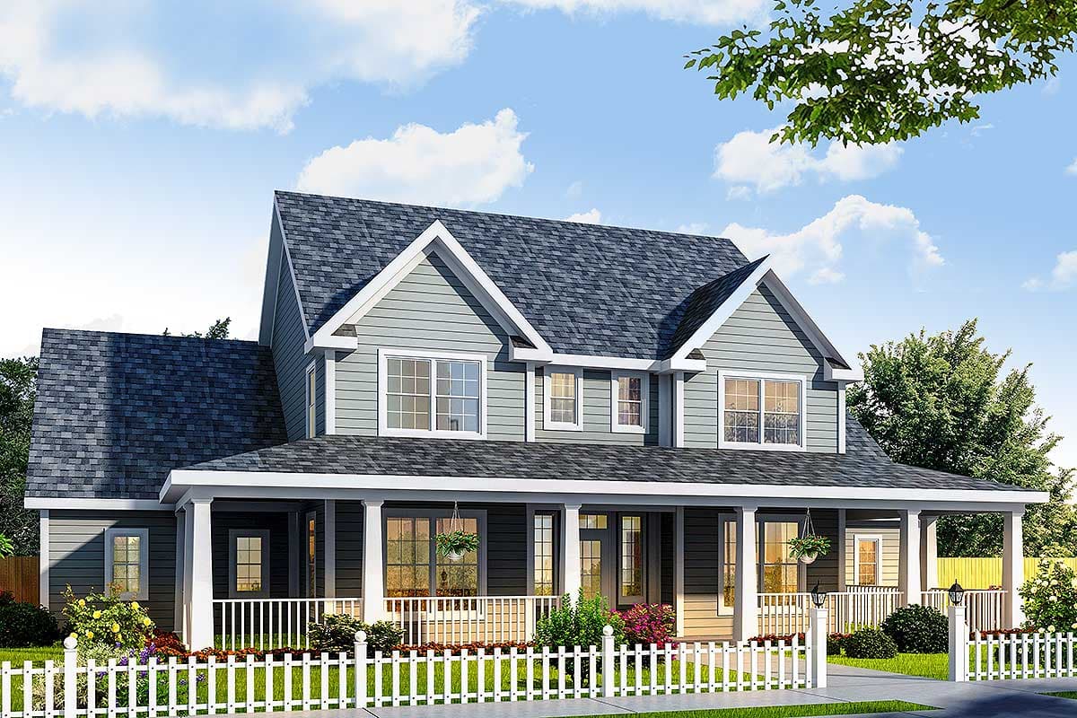 House plan exterior view, two-story farmhouse style with a wraparound porch, gabled roof, and dormers.