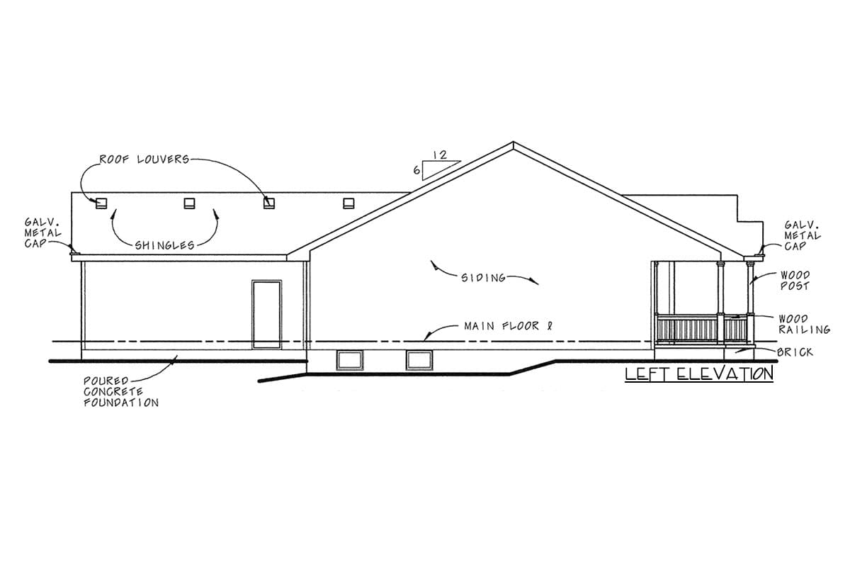 Left elevation of house plan showing pitched roof with shingles, siding, porch with wood posts and railing, and poured concrete foundation.