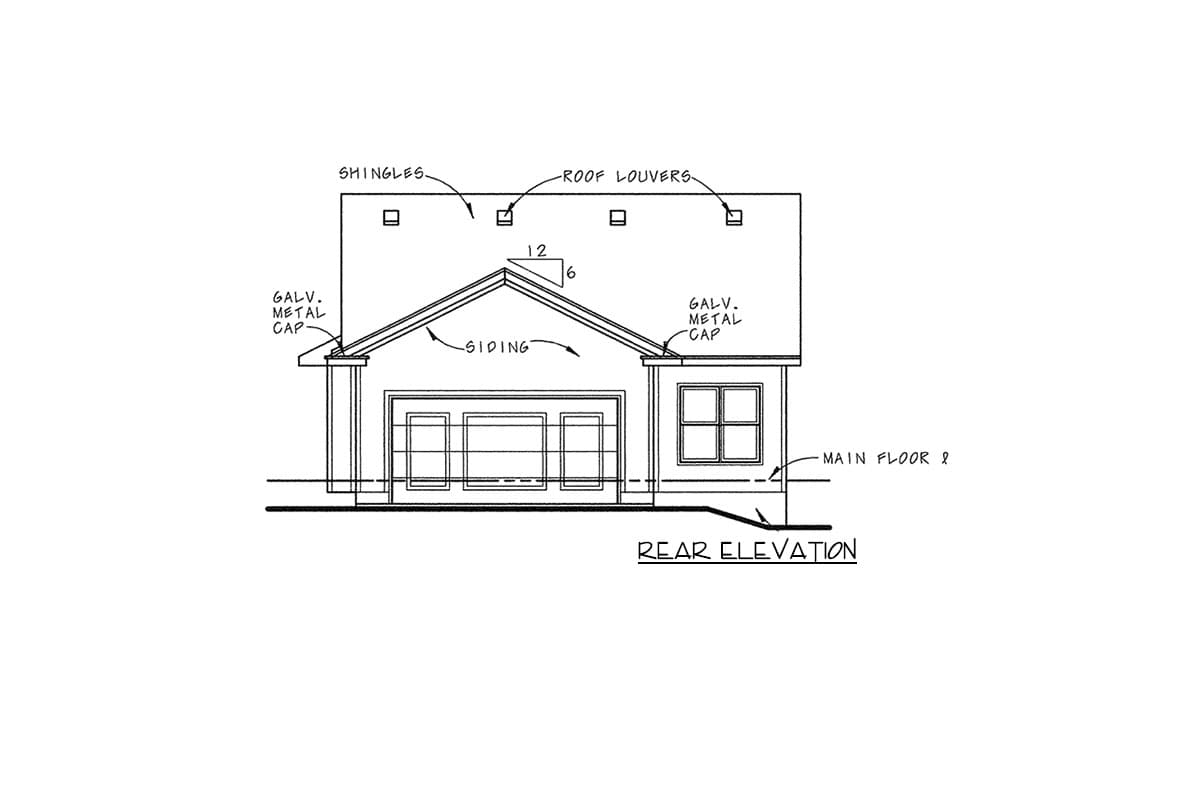 Rear elevation drawing of a house plan, showing siding, garage door, windows, and roof details.