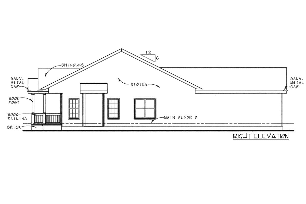 Right elevation house plan showing a porch with wood posts, railing, and brick base, clad in siding with shingled roof.