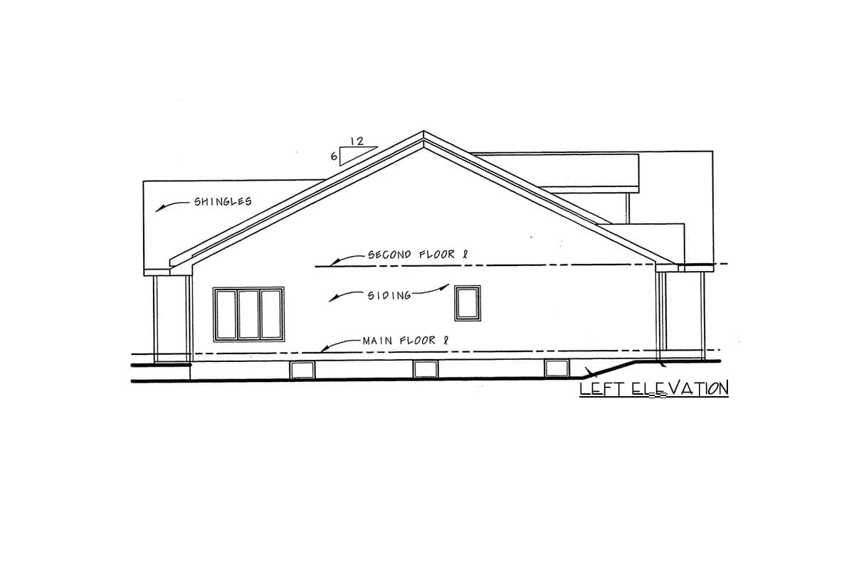 Left elevation house plan drawing showing gabled roof with shingles, siding, and windows on main and second floors.