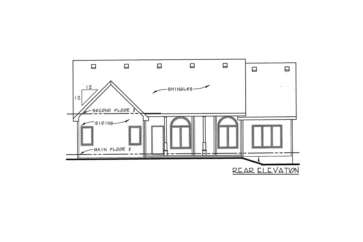 Rear elevation drawing of a two-story house plan featuring a gabled roof, dormers, siding, and a covered porch with arched windows.